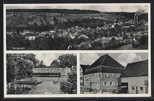AK Billigheim / Baden, Gasthaus u. Metzgerei z. gold. Hirsch, Brücke