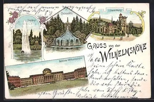 Lithographie Kassel-Wilhelmshöhe, Löwenburg, Cascaden, Schloss