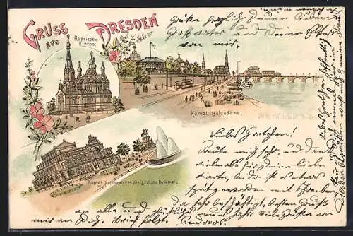 Lithographie Dresden, Belvedere, Hoftheater, Russische Kirche