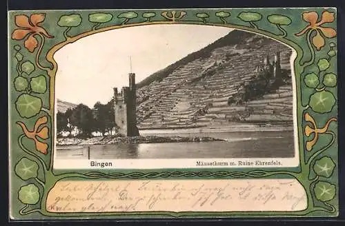 Lithographie Bingen / Rhein, Mäuseturm mit Ruine Ehrenfels, Pflanzen, Passepartout