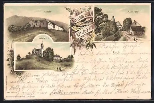 Lithographie Maria-Eck, Kloster, Kirche, Ort