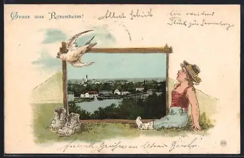 Präge-Lithographie Rosenheim / Bayern, Ansicht mit Brücke aus der Vogelschau, Mädchen, Taube, ausgezogene Bergstiefel