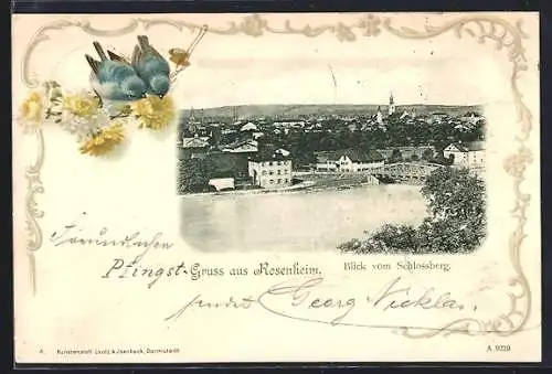 Lithographie Rosenheim / Bayern, Blick vom Schlossberg auf Brücke u. Ort, Vogelpaar mit Blumen, Ornament