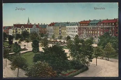 AK Zwickau, Römerplatz mit Häuserreihe aus der Vogelschau