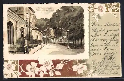 Präge-Lithographie Düsseldorf, Tonhallengarten mit Gebäude, Blumen