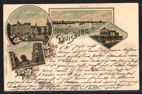 Lithographie Duisburg, Bahnhof, Königstrasse, Rheinbrücke, Blütenzweig