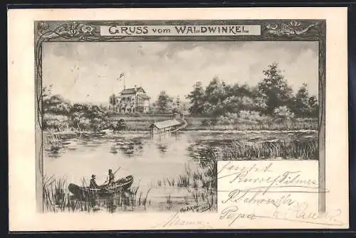 Künstler-AK Krefeld, Gasthaus Waldwinkel mit Bootspartie, Ornament-Rahmen