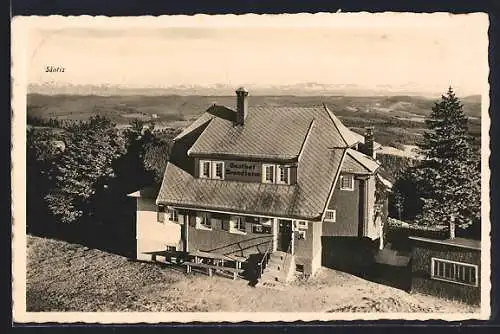 AK Brend /Schwarzwald, Gasthaus z. Brendturm F. Feistle aus der Vogelschau, mit Säntis-Panorama