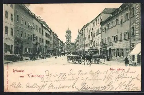 AK Vilshofen, Stadtplatz mit Gasthaus zur Post, Fuhrwerk u. Turmblick