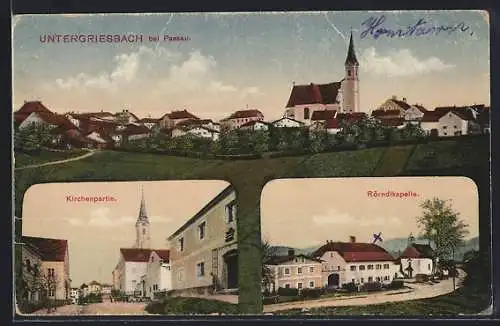 AK Untergriesbach bei Passau, Kirchenpartie, Rörndlkapelle, Ortspanorama