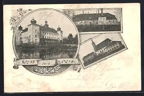 AK Moos / Niederbayern, Schloss vom Wasser aus, Kirchenpartie, Gutshof, Rahmen