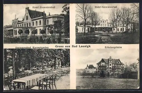 AK Bad Lausigk, Hotel Hermannsbad, Erholungsheim, Konzertgarten