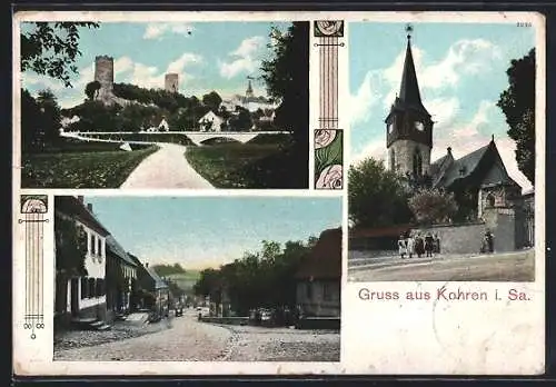 AK Kohren i. Sa., Ortspanorama mit Türmen, Strassenpartie, Kirche