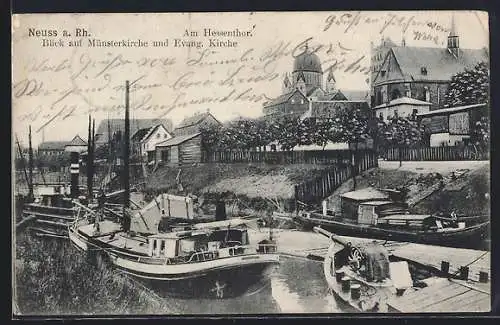 AK Neuss a. Rh., Am Hessenthor, Frachtschiffe mit Münsterkirche u. Ev. Kirche