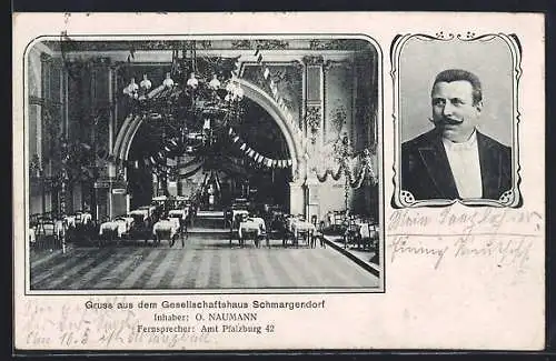 AK Berlin-Schmargendorf, Gaststätte Gesellschaftshaus O. Naumann, Innenansicht Saal, Wirtsportrait