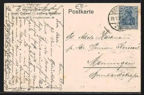 AK Berlin, Weingrosshandlung / Gasthaus Gebr. Cramer u. L. Mitscher, Französische Strasse 18, Innenansicht Weinstuben