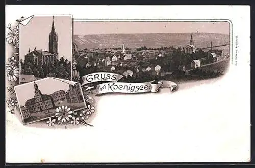 Lithographie Koenigsee, Marktplatz, Kirche, Gesamtansicht aus der Vogelschau