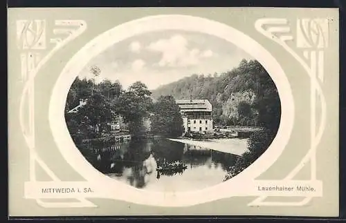 Präge-AK Mittweida /Sa., Lauenhainer Mühle mit Bootspartie, Rahmen mit Ornamenten