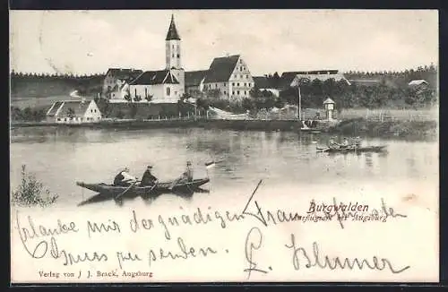 AK Burgwalden /Augsburg, Ortspanorama mit Kirche und Bootspartie