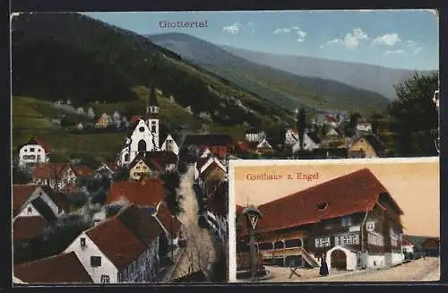 AK Glottertal, Gasthaus zum Engel mit Bildstock u. Strasse, Teilansicht mit Bergpanorama
