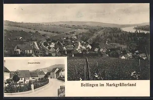 AK Bellingen im Markgräflerland, Hauptstrasse, Gesamtansicht mit Bahnschienen und Flussblick