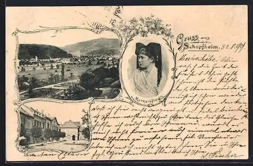 AK Schopfheim, Strassenpartie, Gesamtansicht mit Parkanlage und Bergen, Markgräflerin