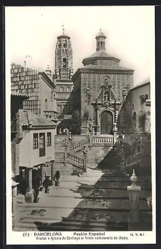 AK Barcelona, Puebio Espanol, Gradas e Iglesia al fondo campanario de Utebo