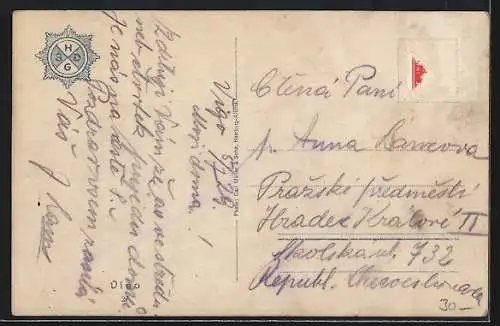 AK Vigo, Segelboot mit Ortsansicht