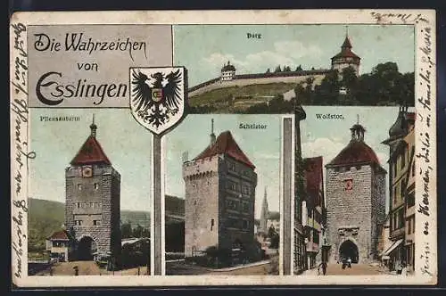 AK Esslingen / Neckar, Wolfstor mit Geschäft, Pliensauturm, Schelztor