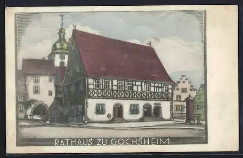 Künstler-AK Gochsheim, Rathaus mit Brunnen