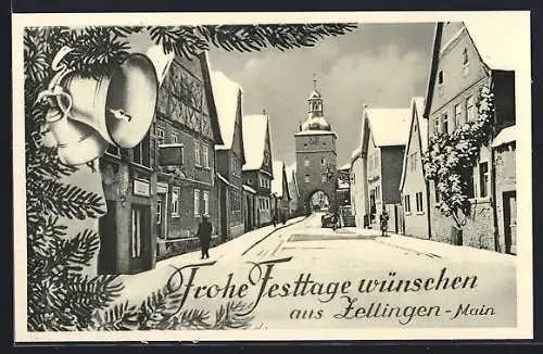 AK Zellingen /Main, Strassenpartie mit Geschäften im Winter, Glocke am Tannenzweig, Festtagsgruss