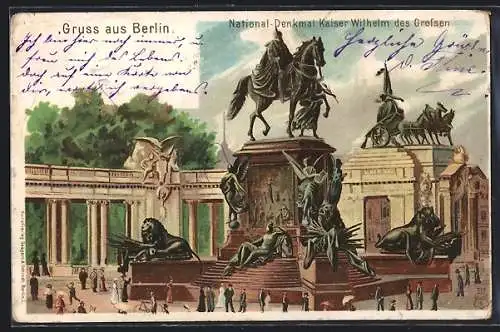 Lithographie Berlin, Ansicht vom Nationaldenkmal Kaiser Wilhelm des Grossen