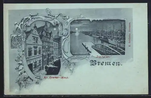 Mondschein-AK Bremen, Freihafen, Alt Bremer-Haus