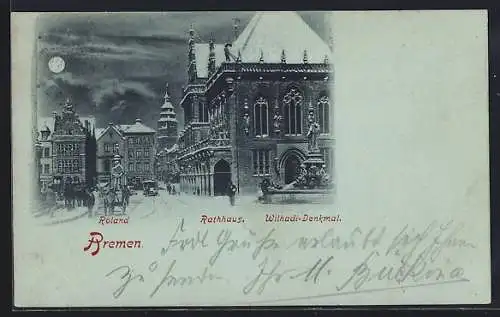 Mondschein-AK Bremen, Rathaus mit Roland und Wilhadi-Denkmal