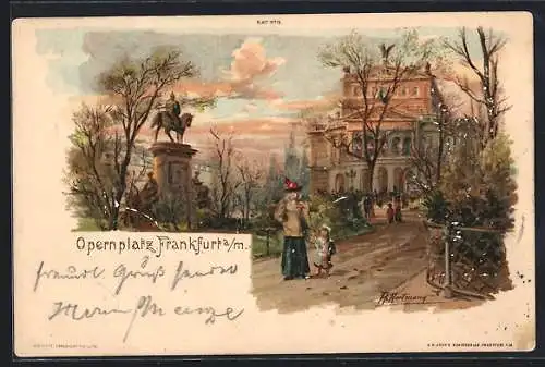 Lithographie Frankfurt /Main, Strassenpartie am Opernplatz