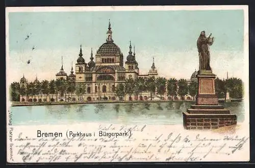 Lithographie Bremen, Parkhaus im Bürgerpark mit Denkmal