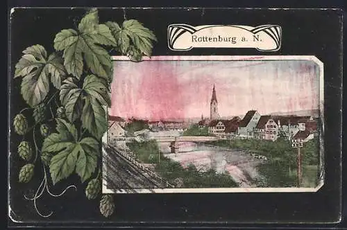 AK Rottenburg a. N., Teilansicht mit Brücke, Laubblätter, Passepartout
