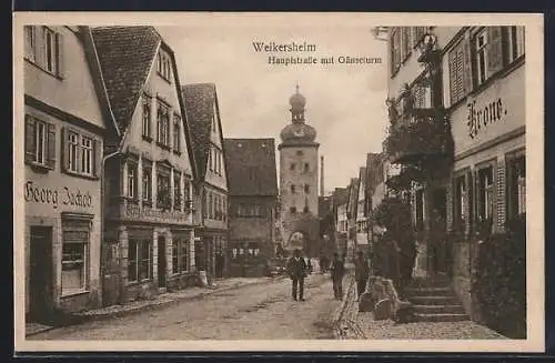 AK Weikersheim, Hauptstrasse mit Gasthaus zur Krone und Gänseturm