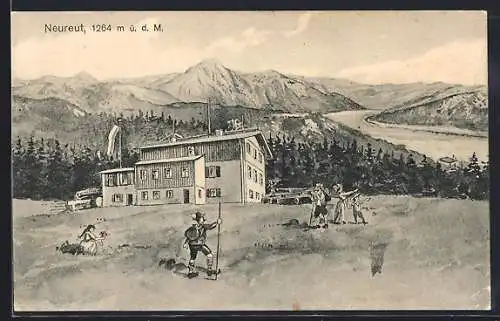 Künstler-AK Neureut / Tegernsee, Wanderer vor einem Haus mit Berglandschaft
