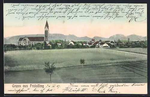 AK Fridolfing, Blick auf den Ort mit Bergpanorama