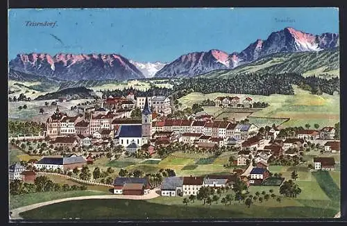 Künstler-AK Teisendorf, Ortsansicht mit Untersberg