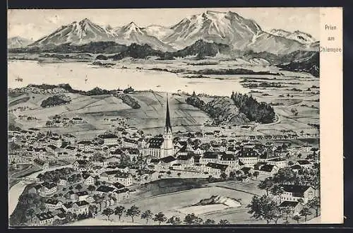 Künstler-AK Prien am Chiemsee, Blick auf den Ort mit Berglandschaft