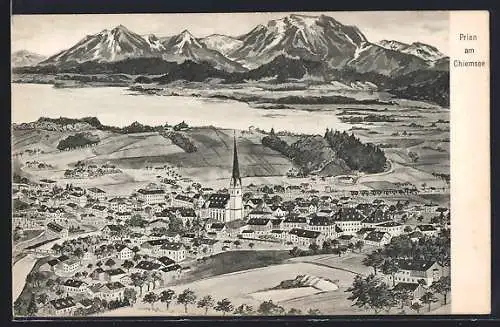 Künstler-AK Prien am Chiemsee, Blick auf den Ort mit Berglandschaft