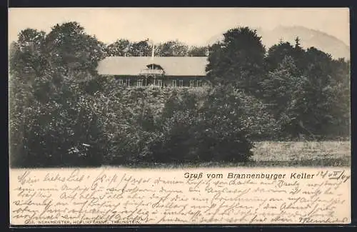 AK Brannenburg, Gaststätte Brannenburger Keller umgeben von Bäumen