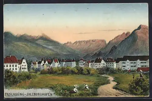 Künstler-AK Freilassing-Salzburghofen, Ortsansicht mit Bergpanorama