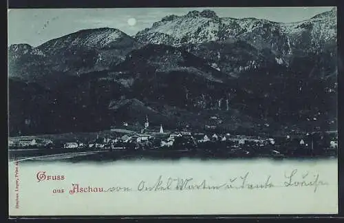 Mondschein-AK Aschau / Chiemgau, Ortsansicht mit Berglandschaft
