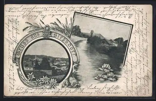 AK Siegsdorf, Ortsansicht mit Flusspartie und Seerosen