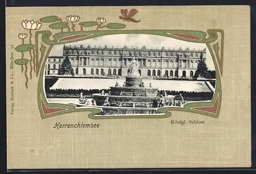 AK Herrenchiemsee, Blick auf das Königl. Schloss mit Rahmen im Jugendstil
