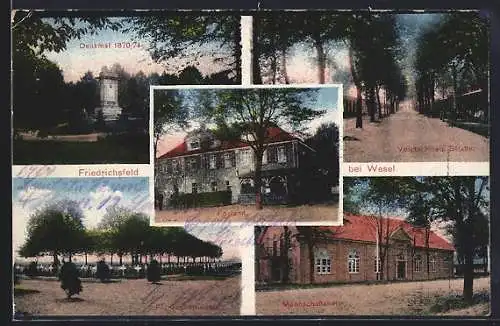 AK Friedrichsfeld / Wesel, Denkmal 1870 /71, Postamt, Voigts Thets Strasse, Franzosenfriedhof, Mannschaftsheim