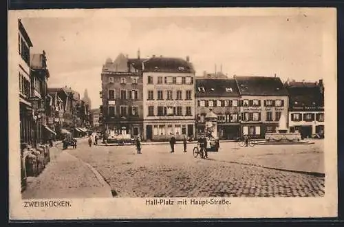 AK Zweibrücken, Hall-Platz mit Haupstrasse, Litfasssäule